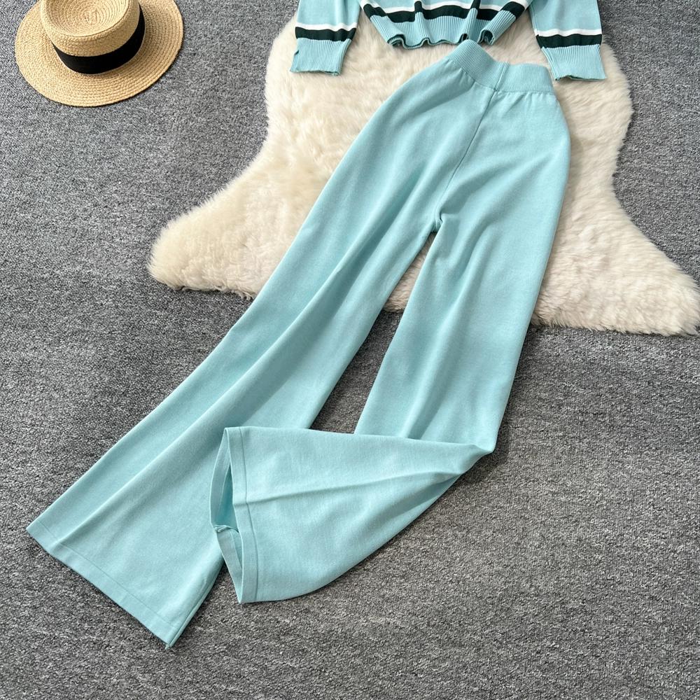 Herbst Winter Damen Lässig Gestrickter Pullover Hose Zweiteiler Langarm Pullover Oberteile und Weitbein Hose Trainingsanzug