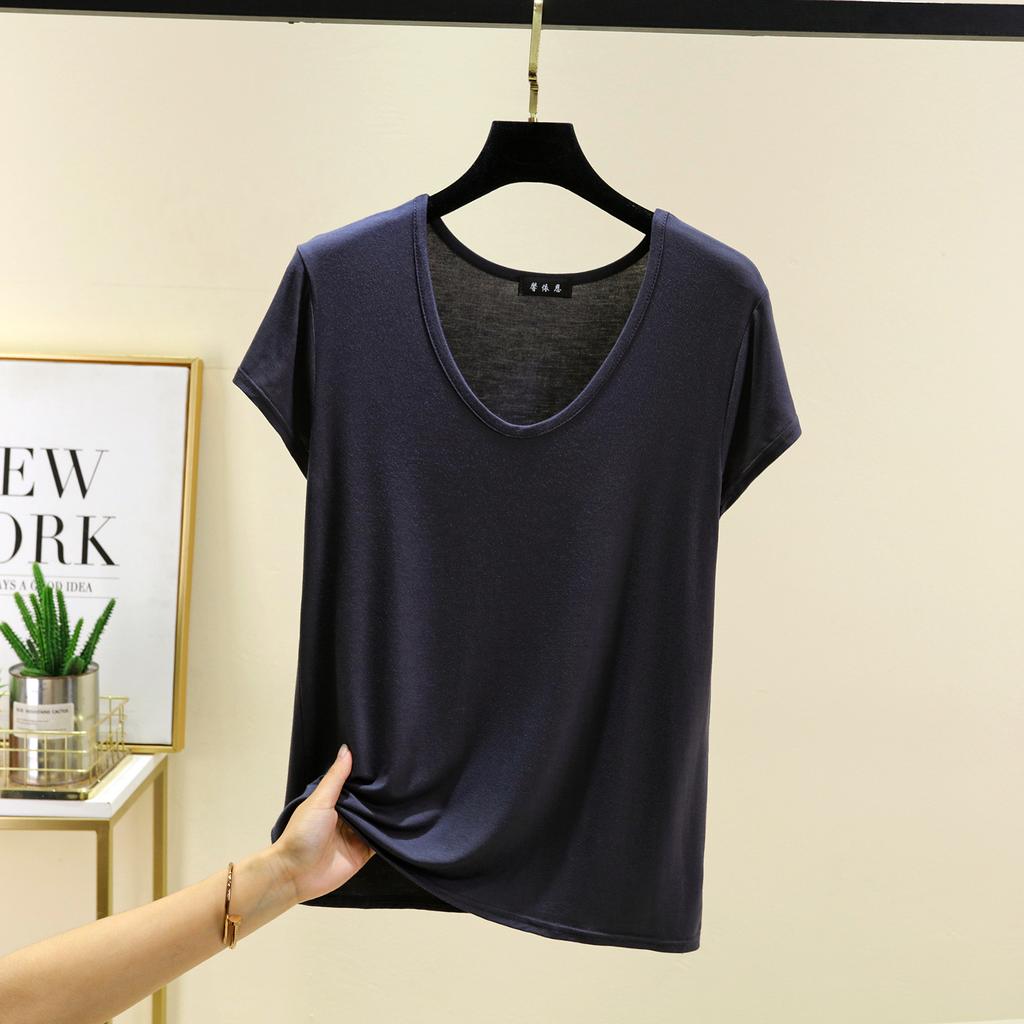 Plus Size M To 6XL U-Neck Women's Tshirt Short Sleeves Modal T-shirts Thin Bottomed Tees Solid Color Loose Tee Tops All Match