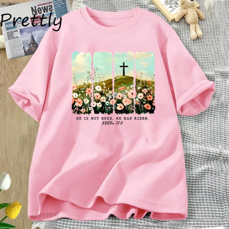 Er ist auferstanden Wildblumen-Print T-Shirt Frühling Ostern Designs T-Shirt Damen Trendy Ostern Christlich Jesus T-Shirt Damenbekleidung