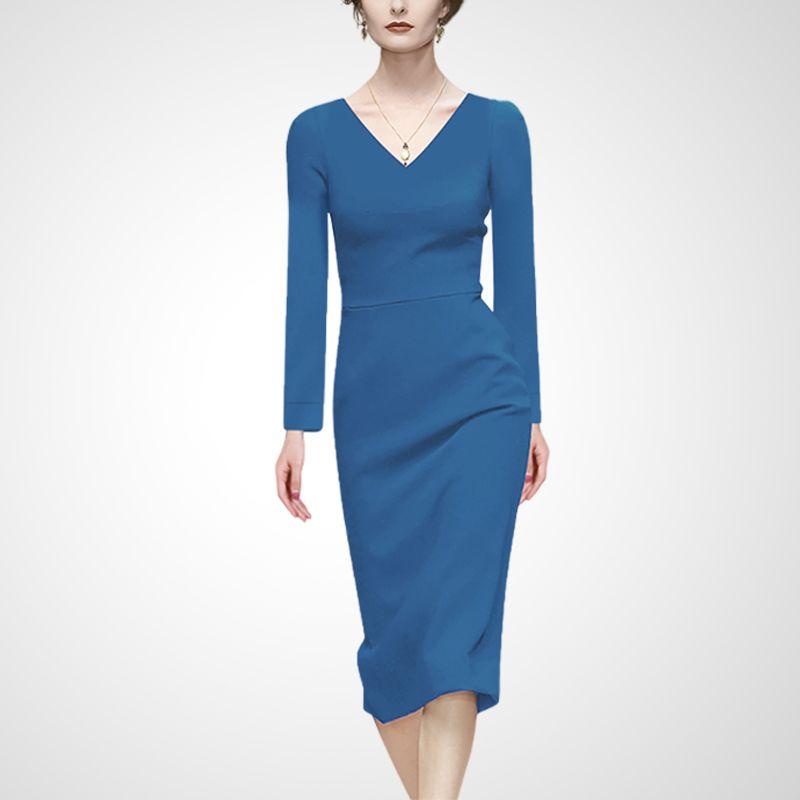 

Elegant Sexy Slimming Sheath Blue V-neck Dress Blue Long sleeves S