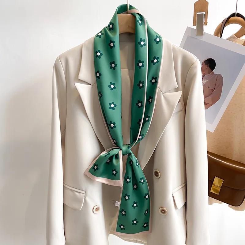 Fashion New Small Silk Scarf Women Tie Bag Headband Flower Printing Hairband Korean Style Neckerchief Ribbon Luxury Brand