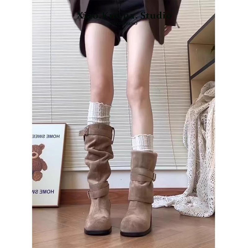 

Pleated pile boots women s thick heel thin platform boots 2025 western boots tall knight boots increase height and thinness 40 хаки