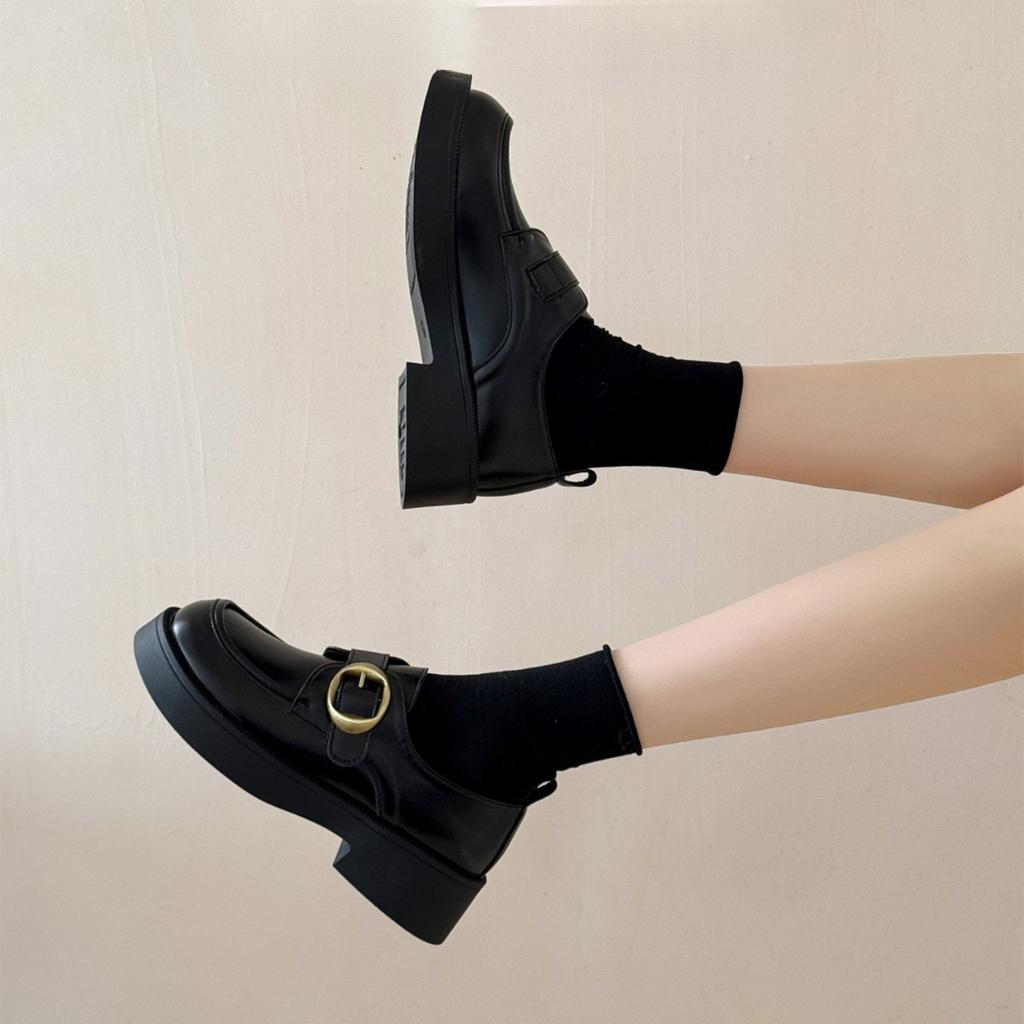 [Uncle Shoe] New platform loafers women's British style small leather shoes autumn one-pedal women's shoes black single shoes