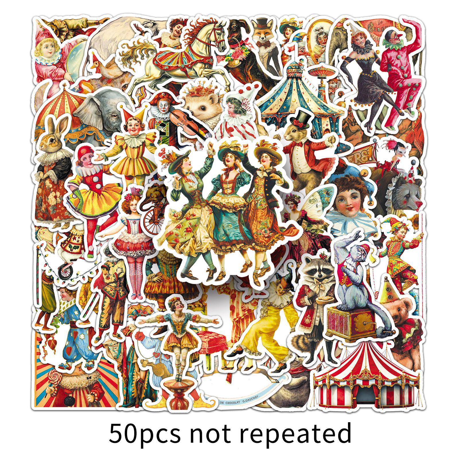 Victorian Fairy Tale Circus Clown Stickers: 50 Retro Waterproof Decorative DIY Journal/Computer Sheets