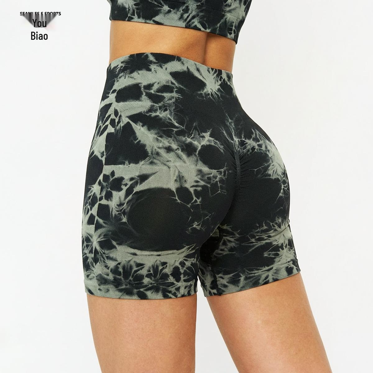 

Tie-Dye High-Waisted Seamless Yoga Shorts - Quick-Dry, Moisture-Wicking, Tummy Control, Peach Lift Small чорний