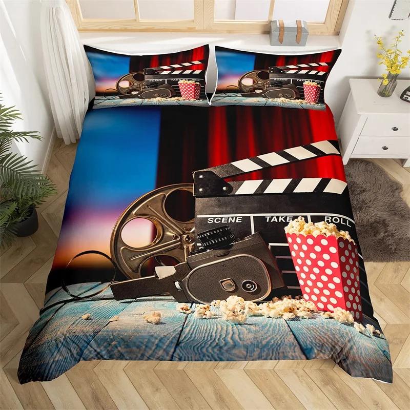 Movie Time Duvet Cover Set Cartoon Popcorn Bedding Set Microfiber Film Pattern Comforter Cover Home Theater Decor Queen Bed Set