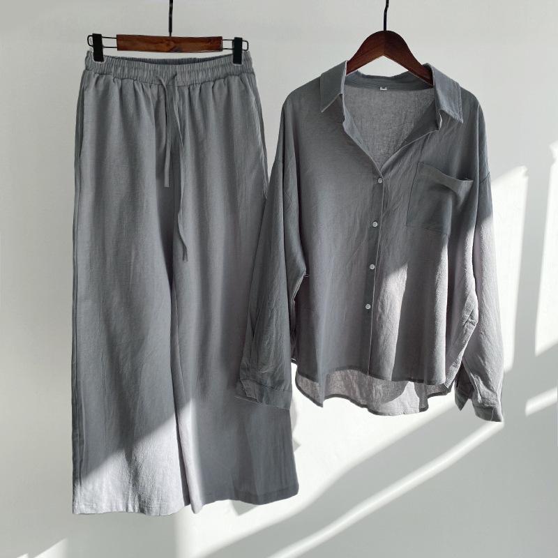 Women's Retro Plus Size 2-Piece Set: Cotton Linen Shirt & High Waist Wide Leg Pants