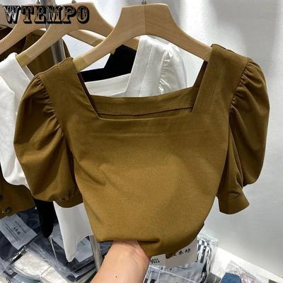Retro trička s krátkým rukávem s čtvercovým límcem dámské letní ležérní jednobarevné košile streetwear