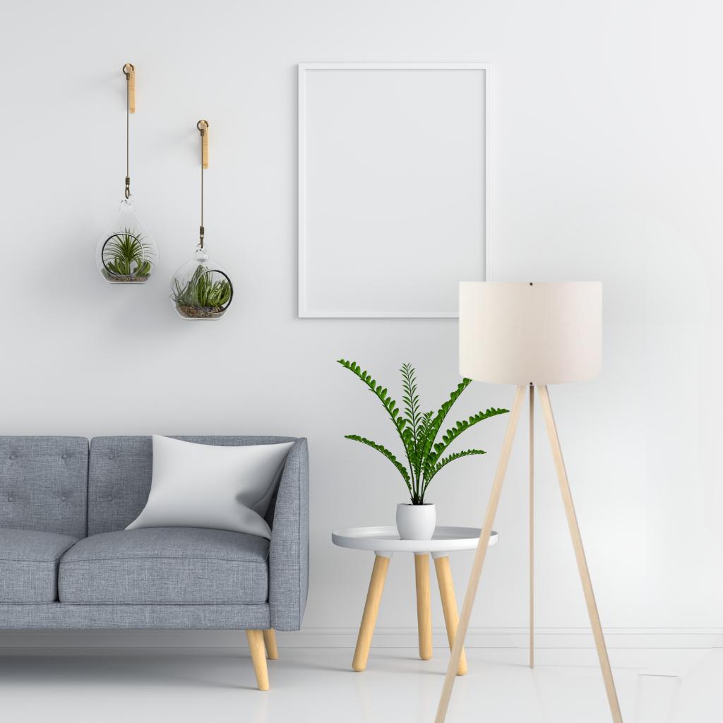 Pratik Ahşap Krem Üç Ayaklı Lambader Krem Kumaş Başlık Salon Yatak Odası Okuma Köşe Lambası