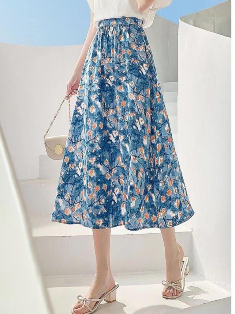 European Floral Print High-Waisted A-Line Skirt: Spring Temperament, Lazy Elegance, Unique Large Hem Design for Women