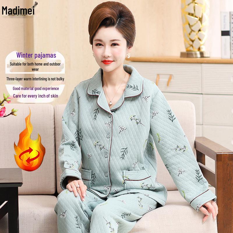 Women's Thick Warm Knitted Cotton Pajamas for Autumn/Winter - Middle-Aged & Elderly Sleepwear, Versatile Home & Outdoor Wear
