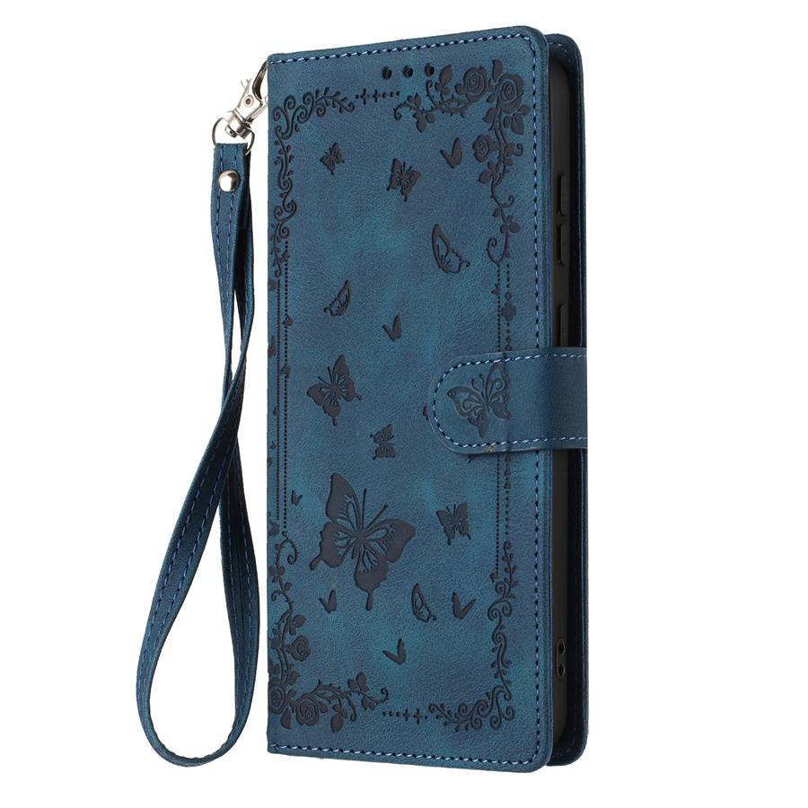 Retro Embossed Flower and Butterfly Phone Case for iPhone 17 16 15 Skin Feel PU Leather Card Slots Wallet Case with Wristband for Samsung S25 S24 S23