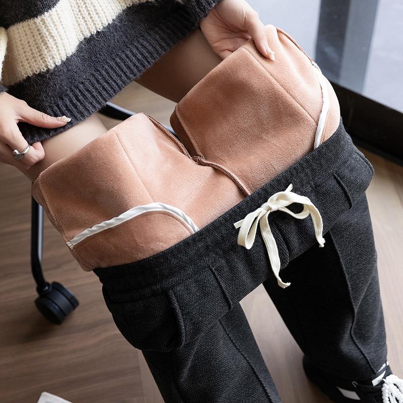 Wool Blend Fleece Lined High Waist Straight Leg Pants Outdoor Wear Winter Wide Leg Warm Thick Floor Length Trousers Slim Fit Straight Cut Women Pants