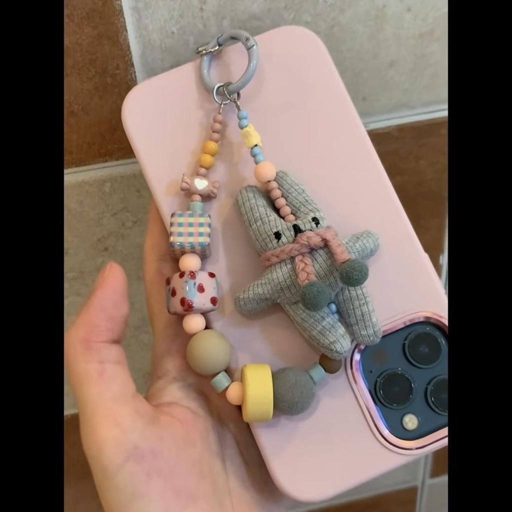 Heavy Craft Yarn Knitted Bunny Phone Case Lanyard Vintage Niche Keychain Bag Pendant Camera Decoration