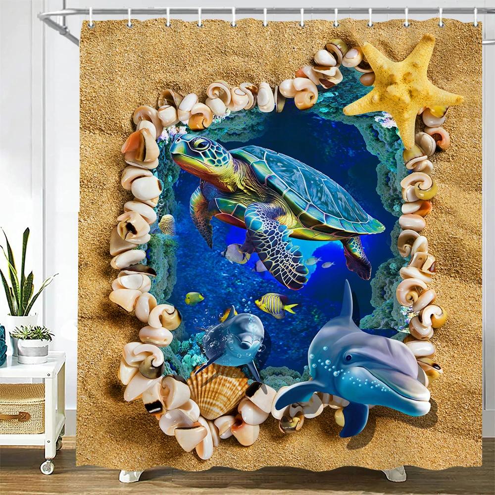 Dolphin Shower Curtain, Blue Underwater World Marine Life , Polyester Fabric Kids Ocean Theme Bathroom Decor Set with 12 Hooks