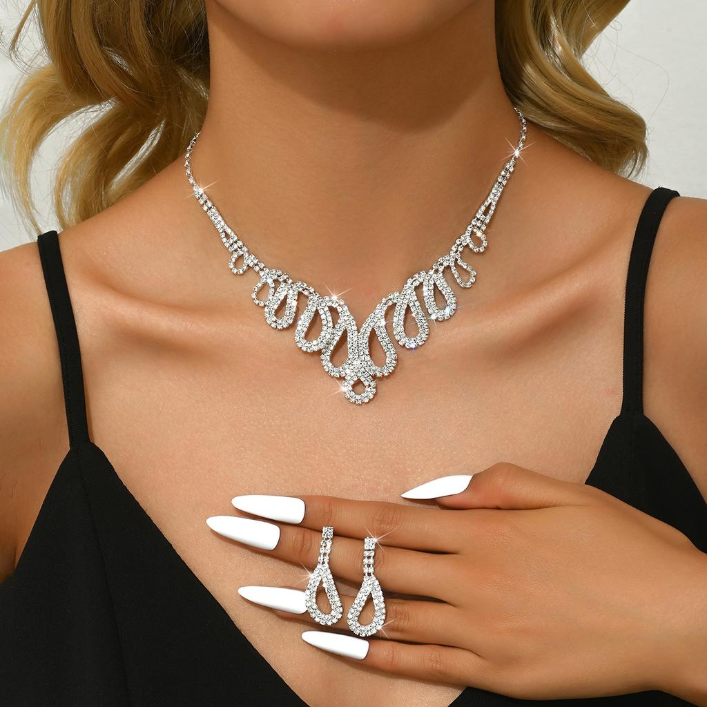 3PC Women's Fashion Water Drop Tassel Series Necklace Earrings Zircon Set Wedding Party Festival Gift-8528