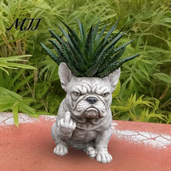 Small Plant Pot Bulldog Dog Planter Funny Middle Finger Resin Flower Cute Whimsical Container Animal Shaped for Home Office Desk Garden Decor