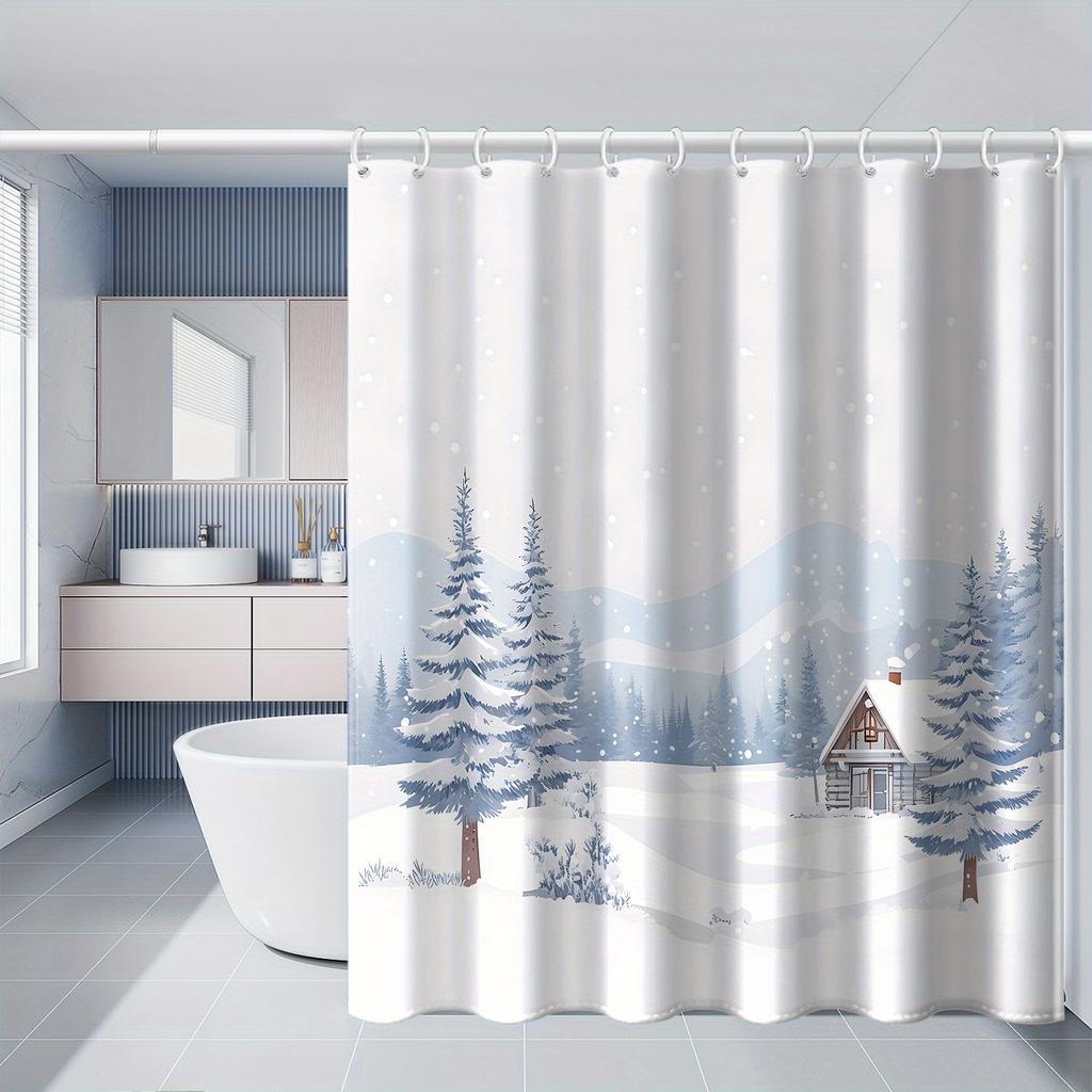 Winter Wonderland Snowy Cedar House Print Bath Drapery With Hooks,Christmas Themed Home Decor For Bathtub And Bathroom