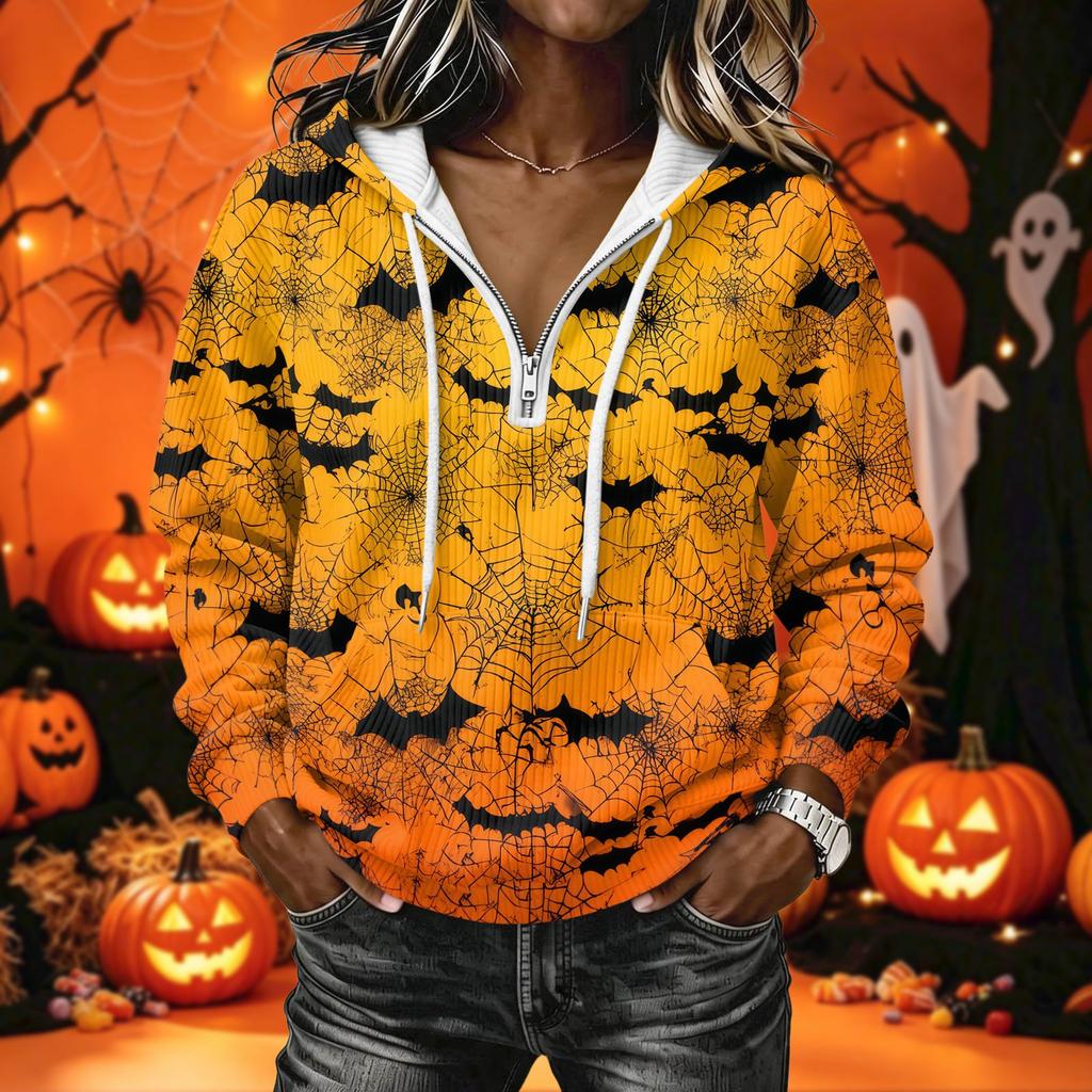 Women's Halloween Print Long Sleeve Hoodie Pullover Sweatshirt