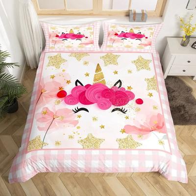 Juego de funda nórdica de unicornio para niñas tamaño king, juego de ropa de cama de unicornio dorado con purpurina, funda nórdica floral rosa, juego de cama de animales fantásticos