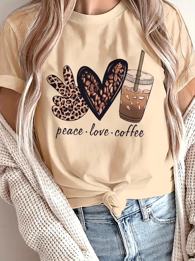 Women s Casual Short Sleeve T-Shirt Peace Love Coffee Graphic Print with Leopard Heart Iced Coffee Design Round Neck Tee Y2K Top S