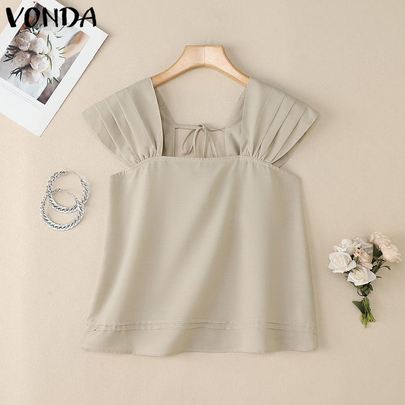 VONDA Women Square Collar Casual Pleated Short Sleeve Blouse Tops