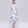 Women Blue and White Porcelain Floral Print Elegant Lapel Short Sleeve Midi Shirt Dress Vintage Office Lady Casual Party Dresses