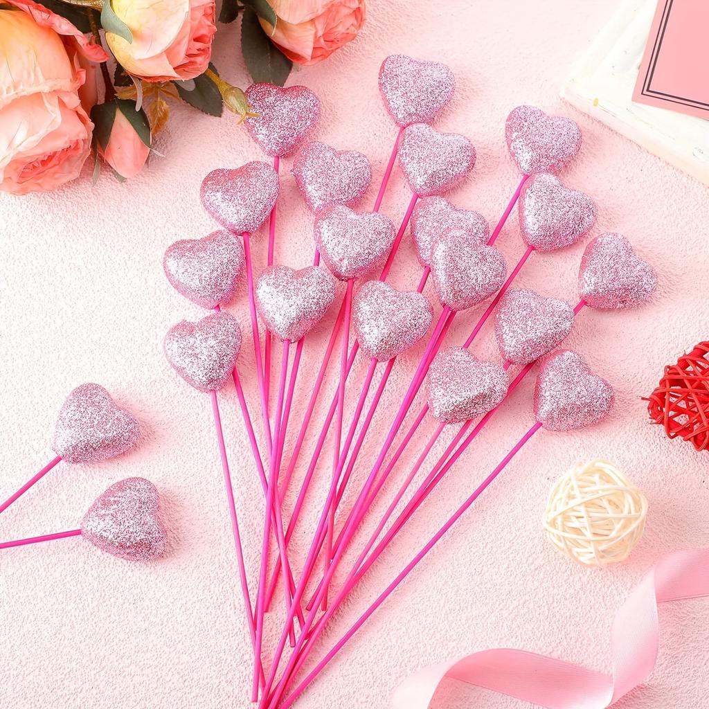 24pcs,Foam Hearts Picks, Glitter Heart Picks Puffy Heart Topper For Valentine's Wedding Decorations And Flower Arrangements