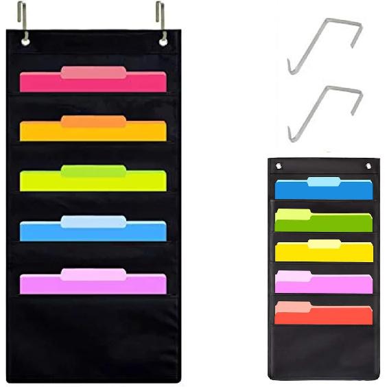 Hanging Wall File Organizer, 5 Pocket, Black Wall Storage Pocket Charts with 2 Hangers, Oxford Cloth Storage Pocket, Over The Door File Organizer,