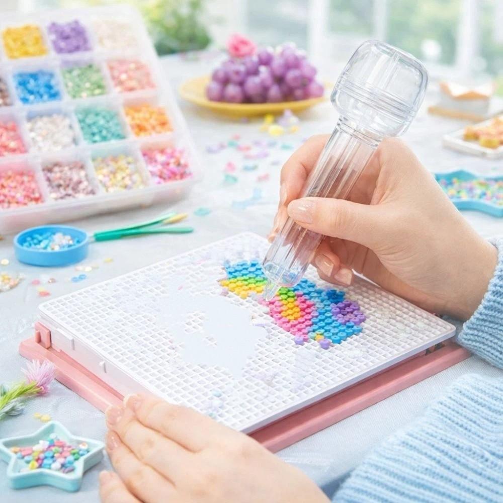 Transparent Press-Type Bead Pen 3D Pixel Puzzle Anti-slip Automatic Press Bead Pen with Bead Containers Handmade Fuse Bead Pen