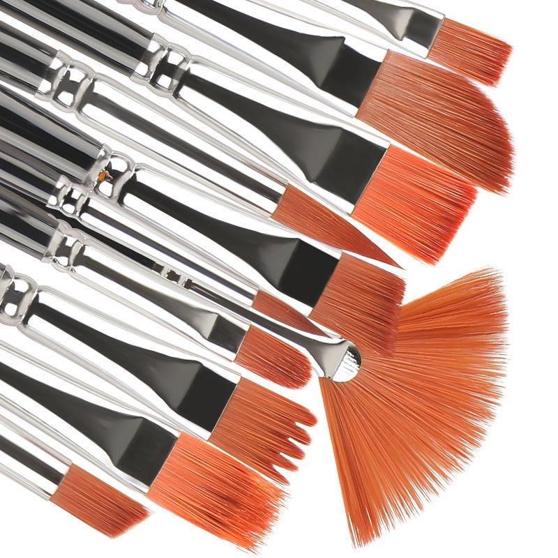 12-Piece Mixed Style Black Handle Brush Set: Short, Nylon Bristle Brushes for Watercolor, Gouache & Oil Painting