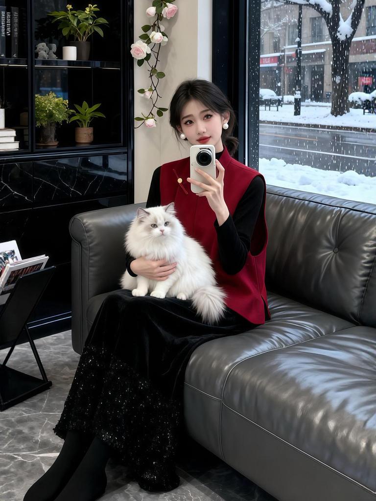 Damen Set Herbst/Winter 2025 Chinesischer Nationalstil: Froschknopf-Weste, Langarm-Oberteil und Rock