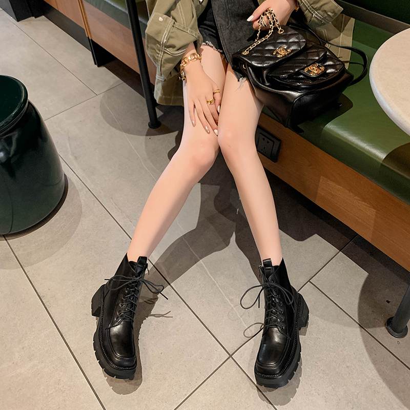 Krazing Pot Cow Leather Winter Shoes Thick Med Heels Handsome Lace Up British School Platform Women Ankle Boots