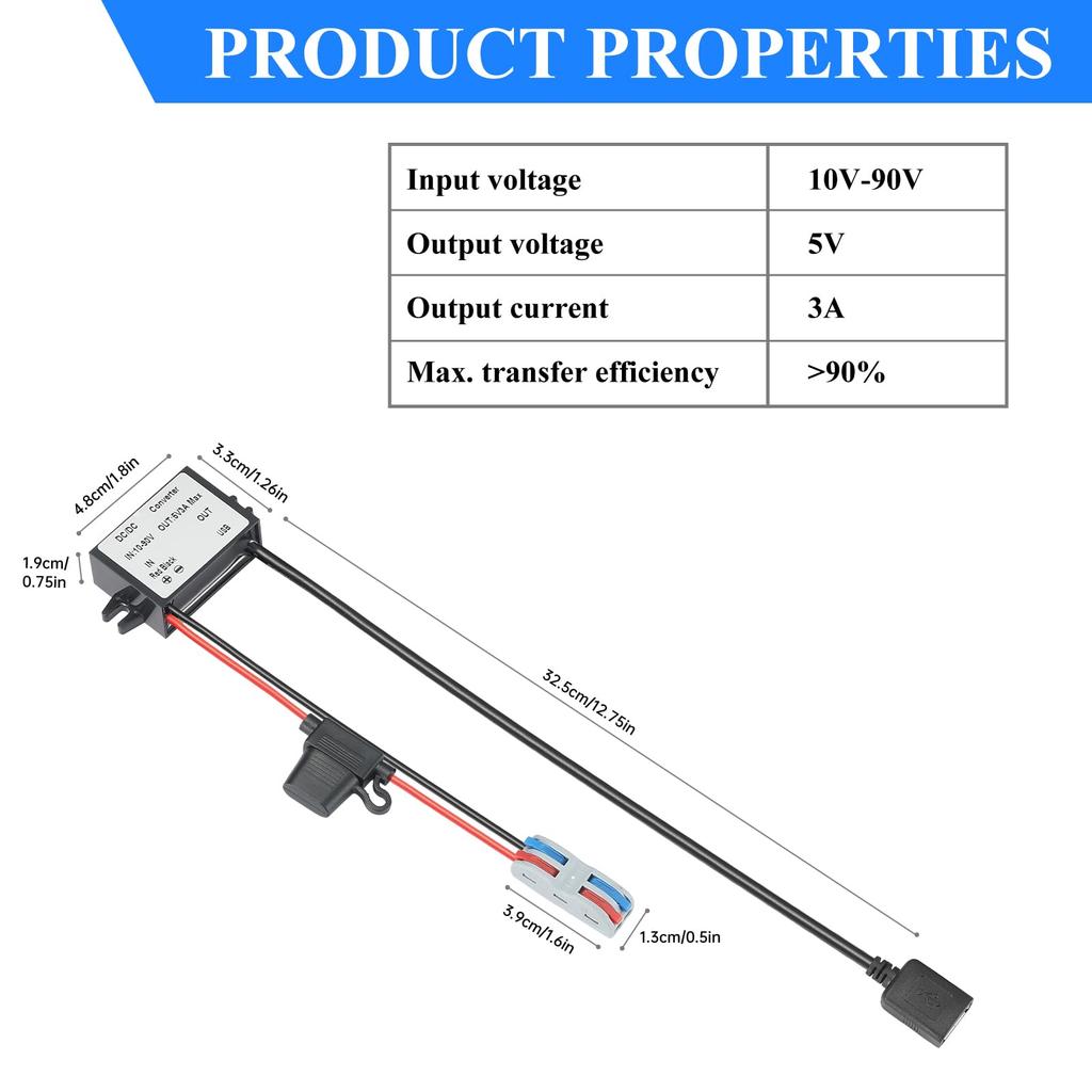 YBBOTT Converter To 5V 3A 15W USB Power Fused Power Supply for Golf Carts DC/DC 10V-90V Step-Down Converter, DC/DC Converter, Converter,