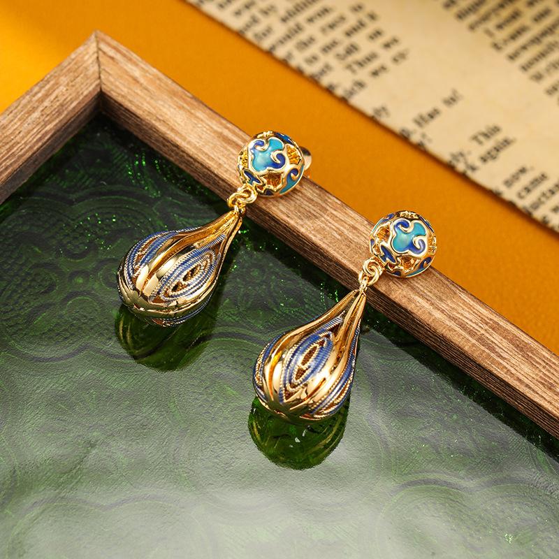 SUYU Copper Carved Enamel Oil Drop Ethnic Style Retro Earrings Long Women's Light Luxury Earrings Fashion Jewelry Accessories