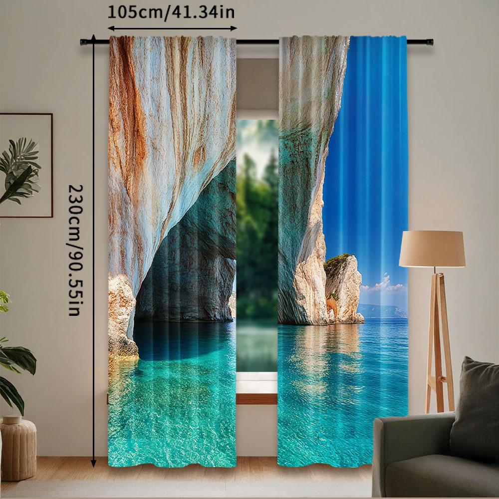 2Pcs Greece Curtains Sea Cave On Zakynthos Island Greece Vacation Relaxing Seascape Coastline For Bedroom Living Room And Dining