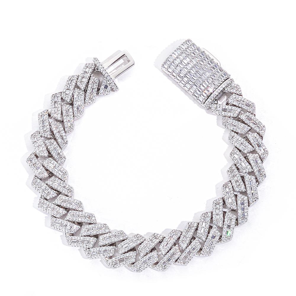 NUOYA Iced Out Prong Cuban Chain 14MM Chunky Link Mixed Inlay Baguette Round Cubic Zirconia Hip Hop Bracelet Brass+Zircon&Bracelet 7inch(17.78cm) серебряный