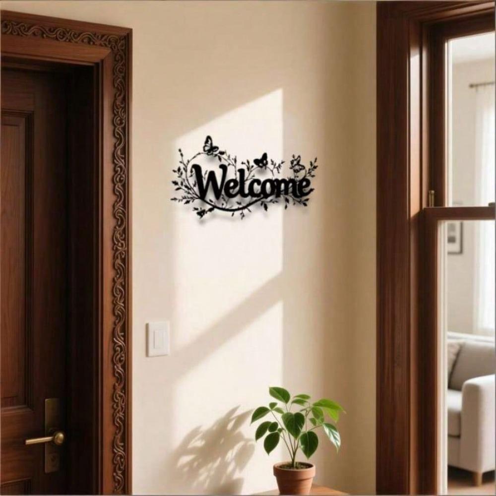 Modern Welcome Sign Metal Wall Art Elegant Cursive Iron with Leaves Openwork Design Black Horizontal Outdoor Durable Home Entrance Decoration Gift