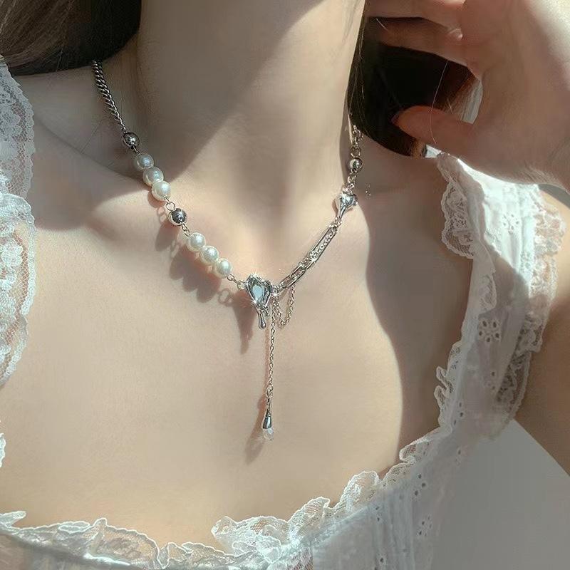 Design purple diamond love fringed pearl necklace female ins sweet cool babes hip hop collarbone chain trendy jewelry female