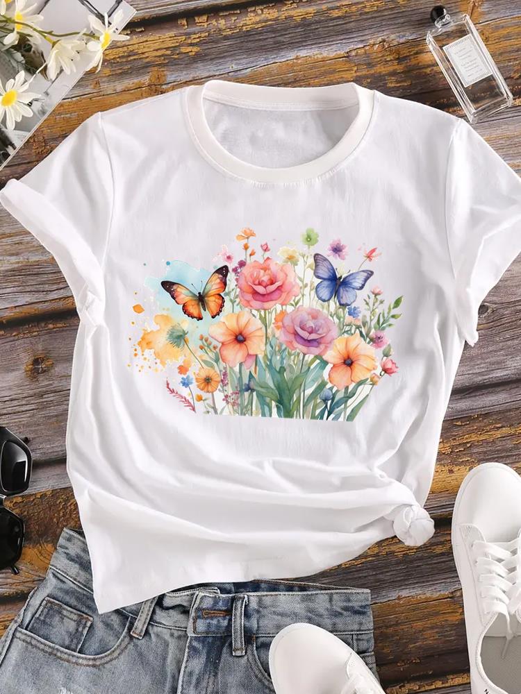 (Asian Size) o-neck T Shirt Printed Female style flower cute Top Lady Clothing Casual Fashion Women Graphic Tee Short Sleeve T-shirts