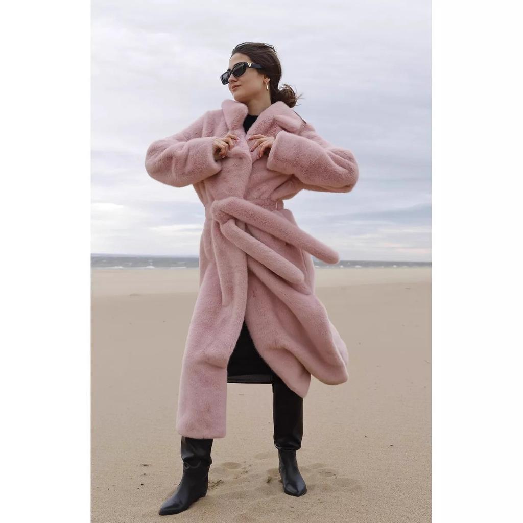Faux Fur Long Coats Women Jackets Overcoats Lace Up Turn Down Collar Full Sleeve Open Stitch Thick Loose Y2k  Autumn Winter