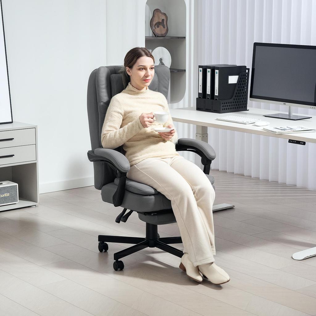Office Chair with Massage Function, Height-Adjustable Desk Chair with Reclining Backrest, Padded, Rolling, Grey
