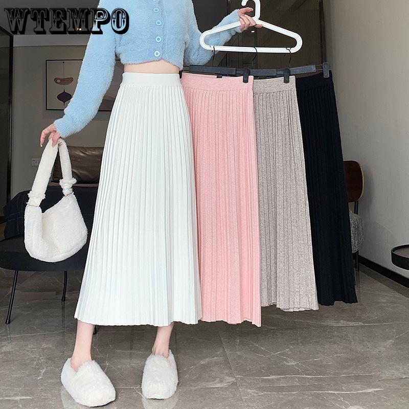 Knitted Pleated Skirt for Women Mid Length High Waisted and Slimming A-line Skirt