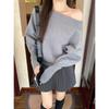 Pink gentle and sweet one-word neck slanted shoulder sweater loose bottoming shirt women's autumn and winter coat with top