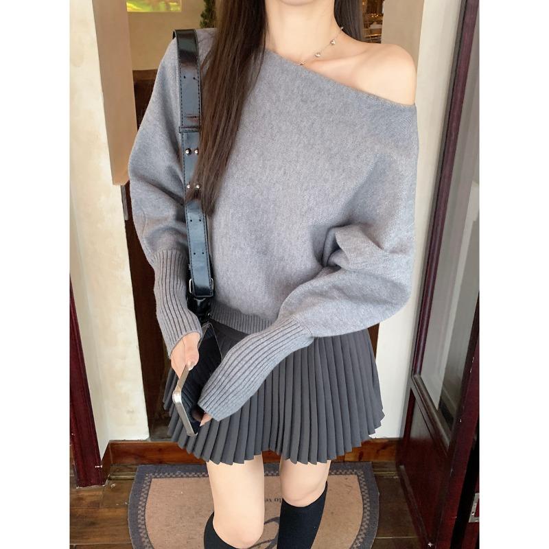 Pink gentle and sweet one-word neck slanted shoulder sweater loose bottoming shirt women's autumn and winter coat with top