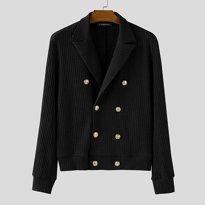 INCERUN Men Lapel Long Sleeve Double Breasted Casual Ribbed Knitted Jackets Coats