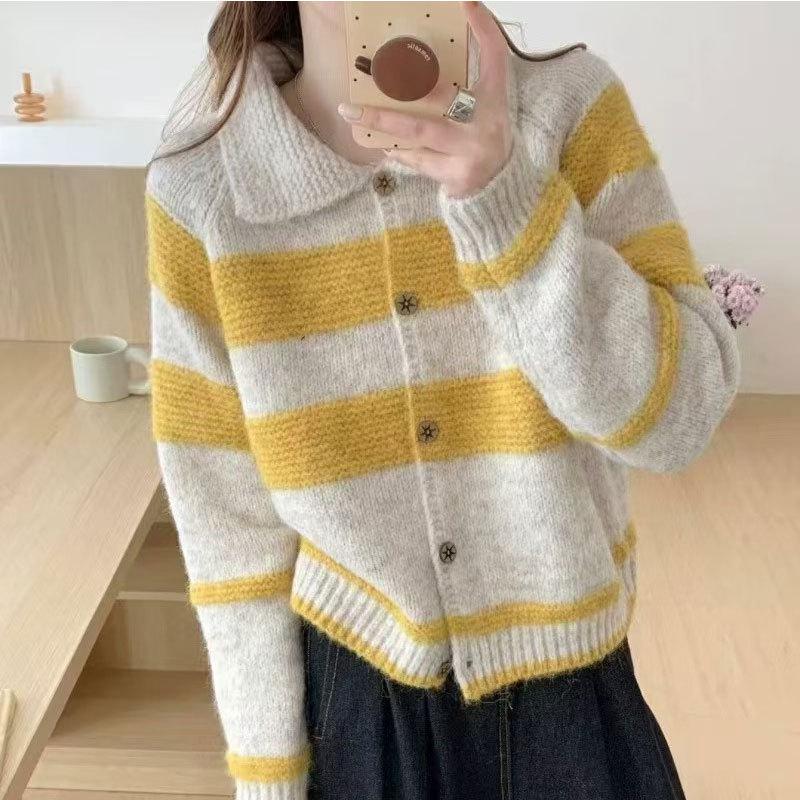 Koreanischer gestreifter Strickmantel für Damen - Herbst/Winter lockerer Cardigan-Stil