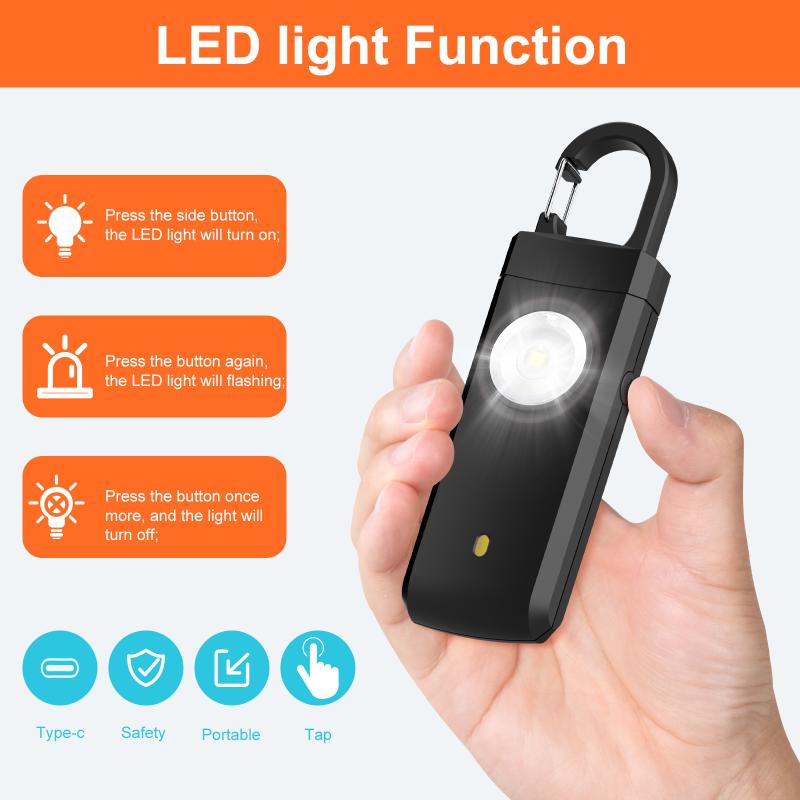 Self Defense LED Flashlight USB Rechargeable Keychain Light with Safety Alarm Protective Supplies Women Outdoor Emergency Tool