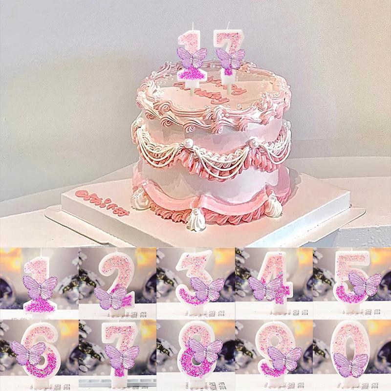 Gradient Butterfly Digital Candle Birthday Cake Topper Table Butterfly Decor 0-9 Purple Number Birthday Candles Party Supplies