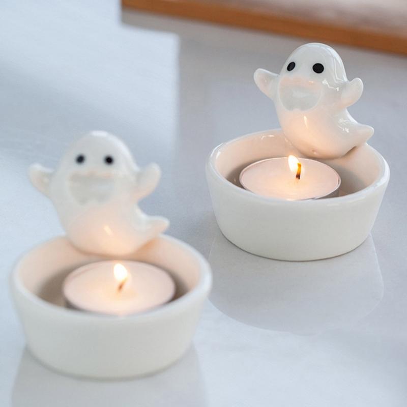 Ceramics Cartoon White Ghostly Figurine Candle Holders Halloween Tealight Holders Candlestick Table Decors for Festivals